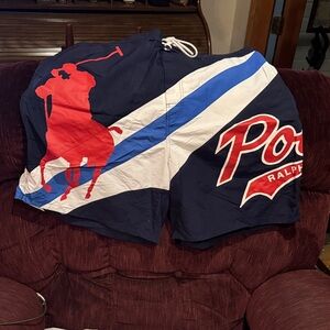 Ralph Lauren Navy Swim Shorts with Red and White Stripes